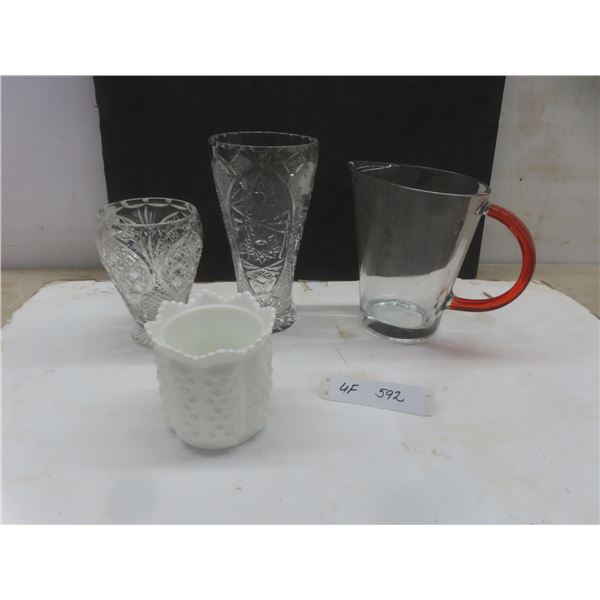 Crystal/ Cut Glass Vases, Pitcher and Fenton Hobnail Milk Glass Bowl