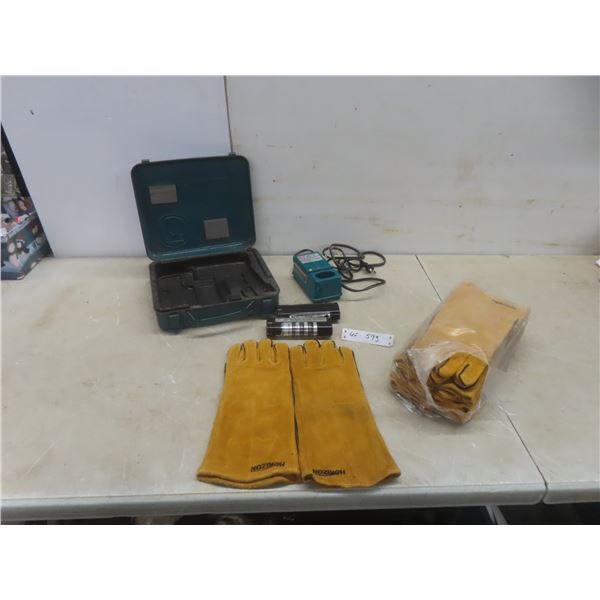 2 Makita 7.2V Batteries with Charger and Case,6 New Pairs Horizon Leather Work Gloves