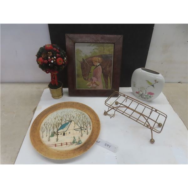 Framed Picture (14" × 12"), Ming Garden Vase, Hand Painted Plate and Vintage Metal Shower Caddy and