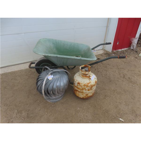 Wheelbarrow, 20 lb Propane Tank and Whirly Bird