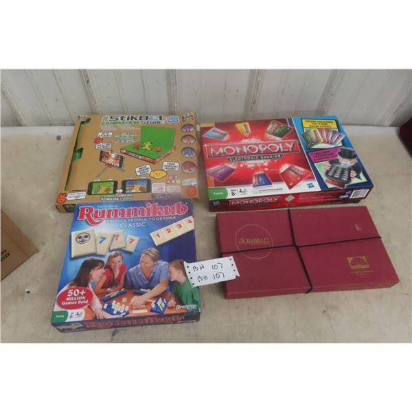 4 Board Games: Scrabble, Monopoly, Rummikub and Stikbot