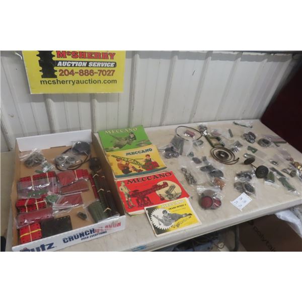 Box of Very Old Meccano Metal Pieces Including Meccano Instructions
