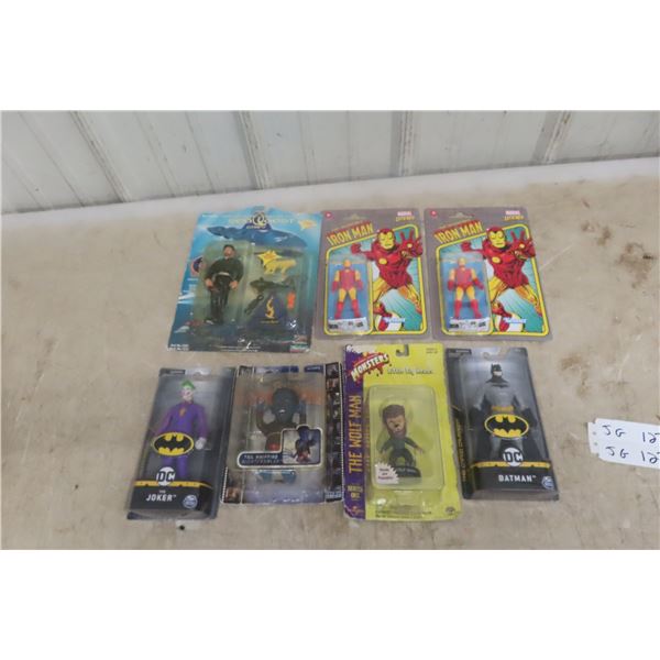 7 Action Figures: DC Batman Crusaders, DC Joker; 2 Marvel Legends: Invincible Iron Man, Wolf Man Li