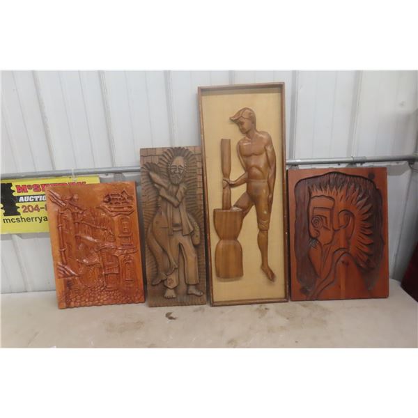 4 Carved Wooden Pictures – The Man with the Fish by Correia; Biggest 12" × 32"