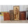 Image 1 : 4 Carved Wooden Pictures – The Man with the Fish by Correia; Biggest 12" × 32"