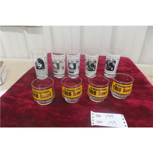 9 Winnipeg Tribune Drinking Glasses – 5 Feature the Front Page of the Tribune