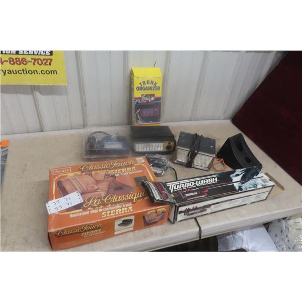 NOS Car/Truck Seat Cover, Organizer and 12V Air Compressor – Plus More