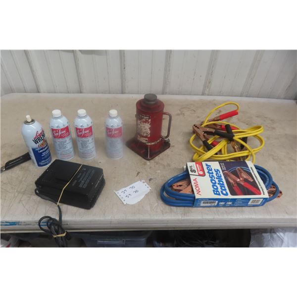 Hydraulic Bottle Jack, 2 Sets of Booster Cables and Seafoam