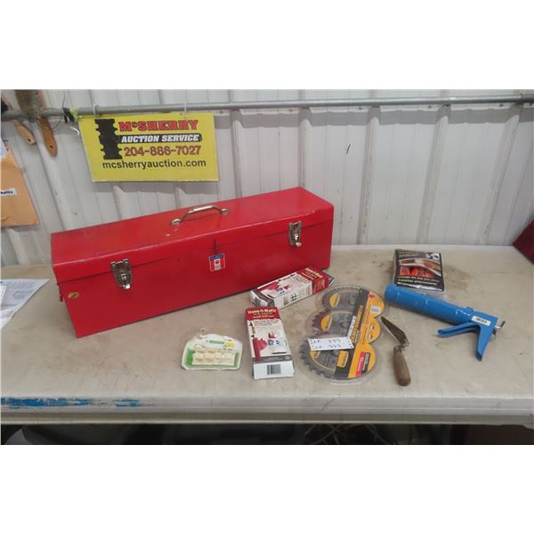 Large Metal Tool Box – 30" × 9" × 9"; New Circular Saw Blade, Caulking and More