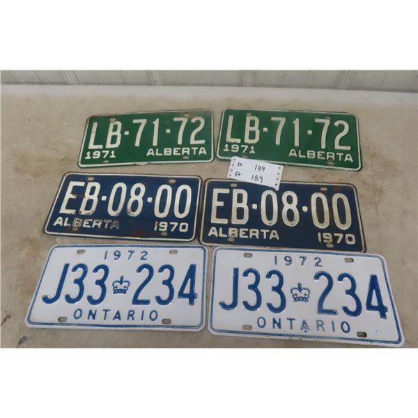 6 Licence Plates – 4 Matching Sets 1970's Ontario and Alberta