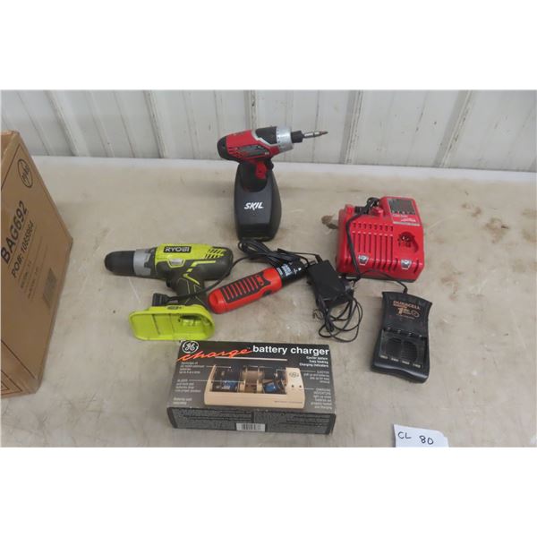 Box of Assorted Tools, Skill Tools, Ryobi Drill Only, GE Battery Charger, Milwaukee