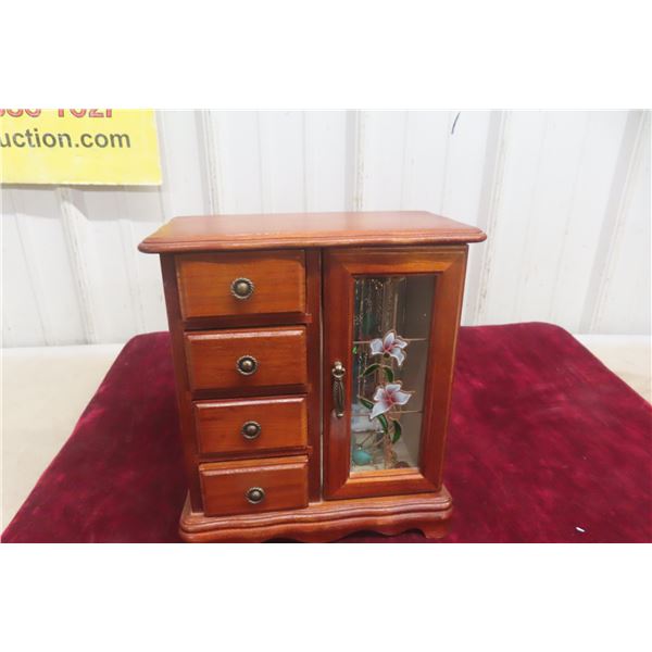 Wooden Jewelry Box with Assorted Rings & Necklaces