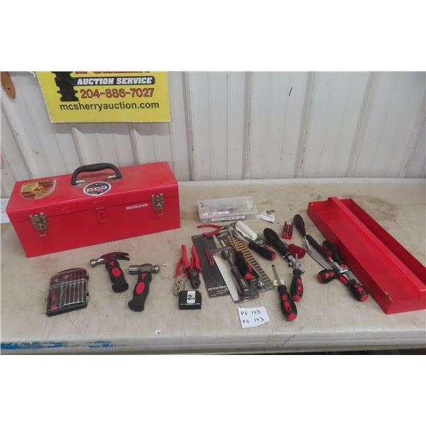 Metal Tool Box with Hand Tools, Cutters, Screwdrivers, Tape Measure &