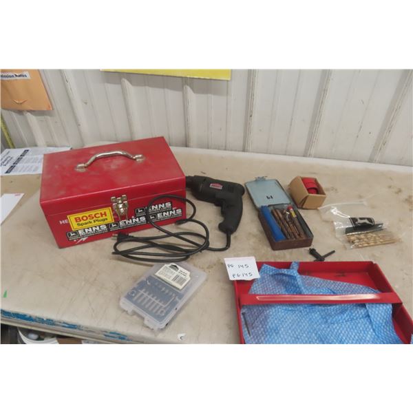 Metal Tool Box with Jobmate Power Drill, Drill Bits, Hole Saw 