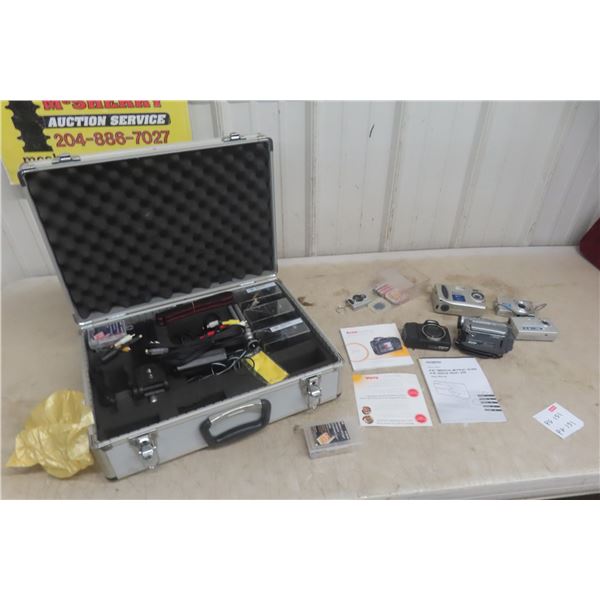 Hard Case with Sony Handy Cam, Various Cameras, Memory Cards, Tripods, 
