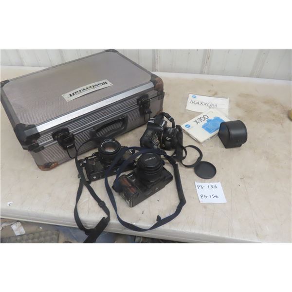 3 Cameras: Minolta 7000, X-700, 5000 with Extra Lenses, Flashes & Case 