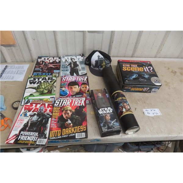Star Wars Figurine in Box, Hat, Magazines, Star Trek Game and Poster 