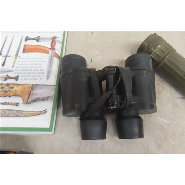 Bushnell 7x35 Binoculars, Military Flashlight, Police Flashlight, Knives 