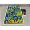 Image 1 : Help Ukraine Banner Cloth, 18" × 24", with Wooden Made in Ukraine Plaque