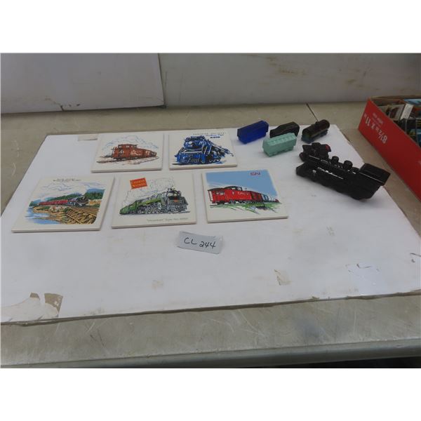 Vintage Boyd Special Year Glass Railcars; Headford Ceramic Railroad Tiles 6" × 6" – Qty 5; Black Gl
