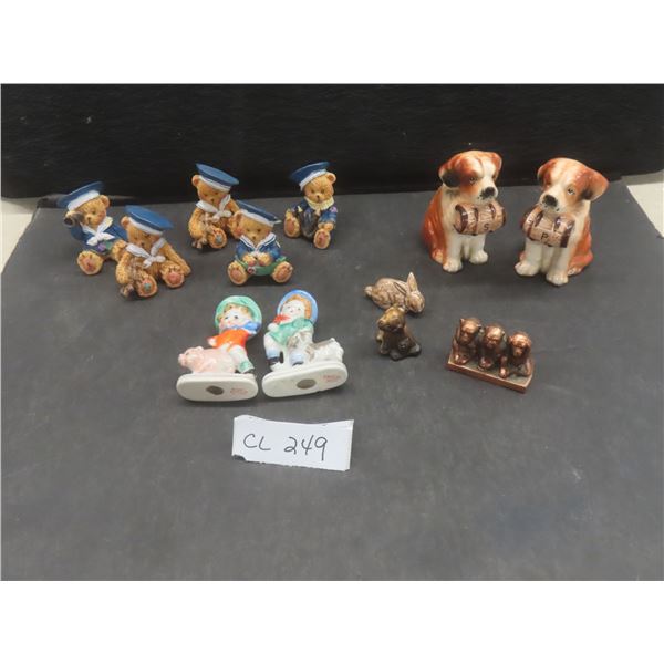 Assorted Figurines: St. Bernard Salt and Pepper Set; Copper See/Hear/Speak No Evil Monkeys; 2 Wade