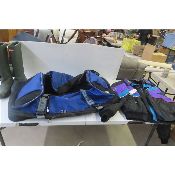 Rolling Hockey Bag, Size 11 Insulated Rubber Boots, Large Winter Jacket