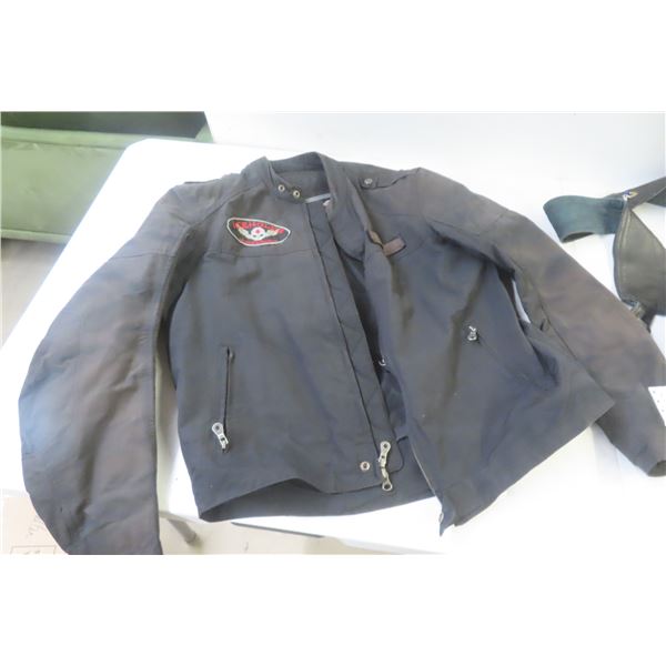 Victory Windbreak Jacket, Size Large; Leather Chaps, Size XL