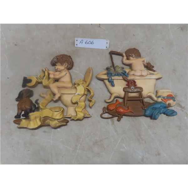 2 Vintage Sexton Bathroom Decor Pieces, Approx. 9" × 8"