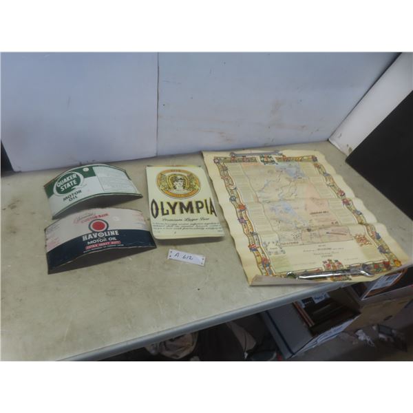 2 Flattened Oil Cans: Quaker State and Havoline; Cardboard Olympia 