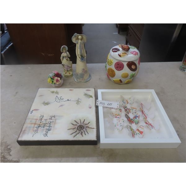 Shadow Box Picture of Butterflies, 12" × 12"; Vintage Japanese Cookie Jar;