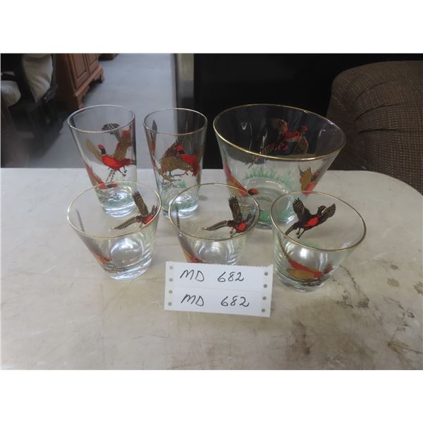 Hazel Atlas Red Bird "Pheasant Collection" Ice Bucket with 5 Matching 