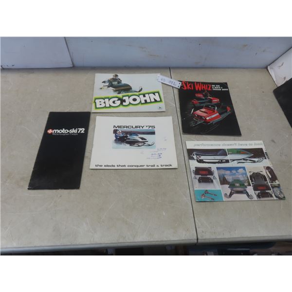 5 Snowmobile Brochures: Mercury 75, JD Big John, Ski-Whiz, Moto