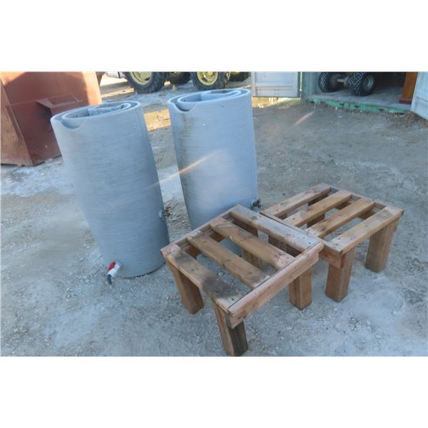 2 Poly Rain Barrels and Wood Stool