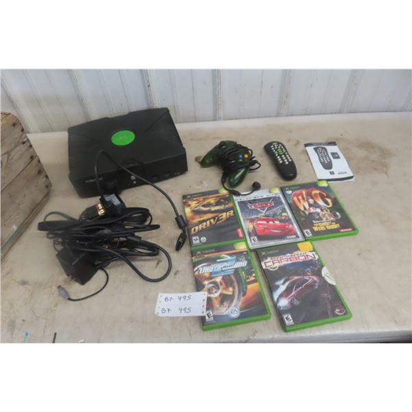 Xbox Console with Remote, Controller, Power Source, and 5 Games