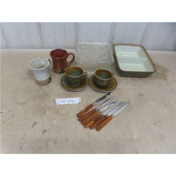 Federal Glass Refrigerator Dish; Divided Danby Dish; 2 Pottery Chef 
