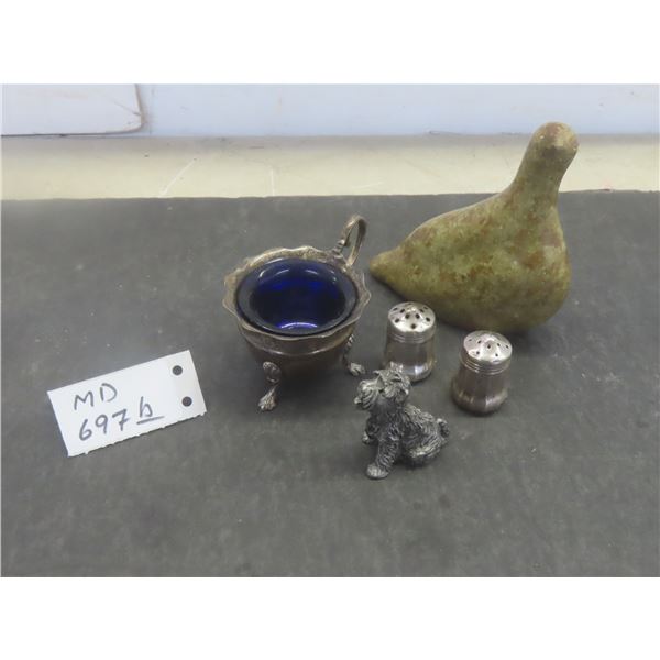 Sterling Silver Cup with Blue Glass Insert; Sterling Salt and Pepper Shakers;