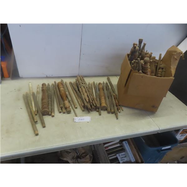 Box Full of Wooden Legs, Spindles, Chair Rungs, and More