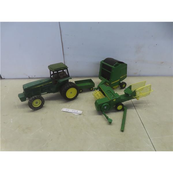 John Deere Metal Toy Tractor 7" × 12" × 8", with Haying Attachments