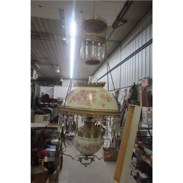 Victorian Hanging Parlor Lamp with Prisms and a Floral Hand 
