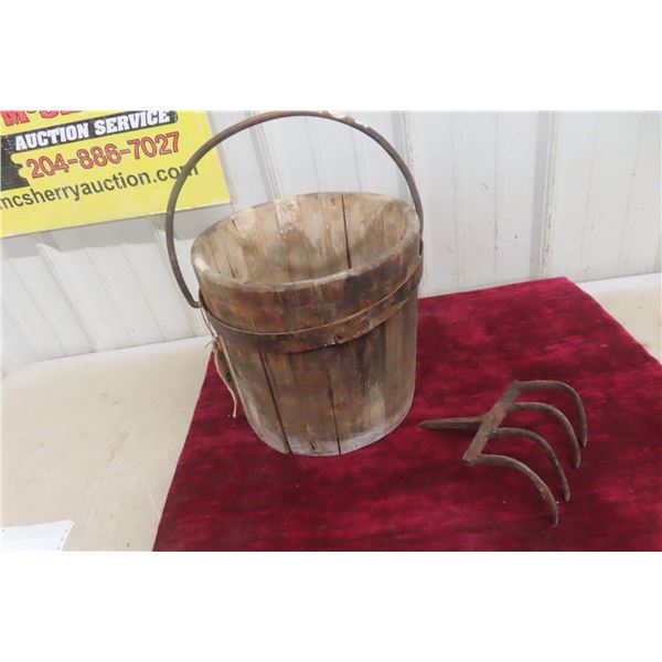 Antique Primitive Old Staved Wooden Bucket Pail with Iron Metal Band Handle; 4-Tine Potato Rake Head