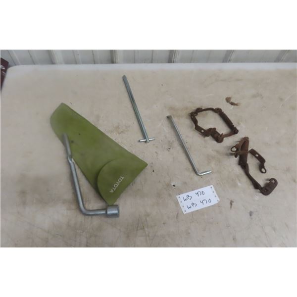Vintage Toyota Tire Jack, Lug Wrench and Hub Tool Kit in Green Motor Bag, Made in Japan; and More
