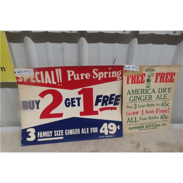 Vintage Pure Spring Ginger Ale Soda Pop Cardboard Sign, 19¾" × 14¾"; Rare America Dry Ginger Ale