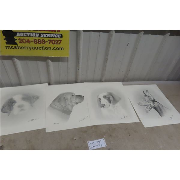 4 Artist-Signed Dog Sketch Drawings by Stinson: Bernese Mountain Dog, Doberman Pinscher