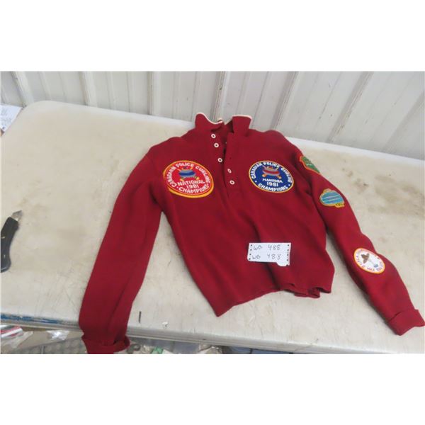 Cool Vintage Canadian Police Curling Bonspiel Champions Decorated Sweater with Sewn-On Cloth Patches