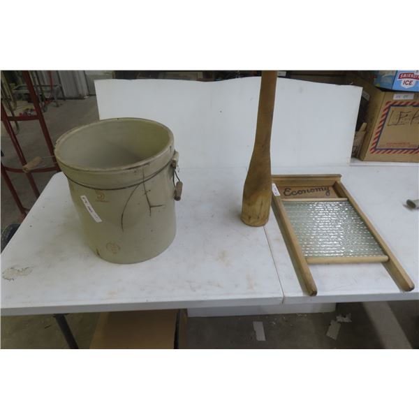 Antique Lot: Medicine Hat Pottery 5-Gallon Crock, Washboard