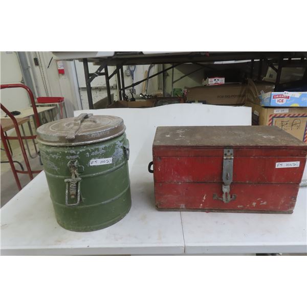 Military Food Container, 16"H × 4" Diameter, and Wood Tool Box, 