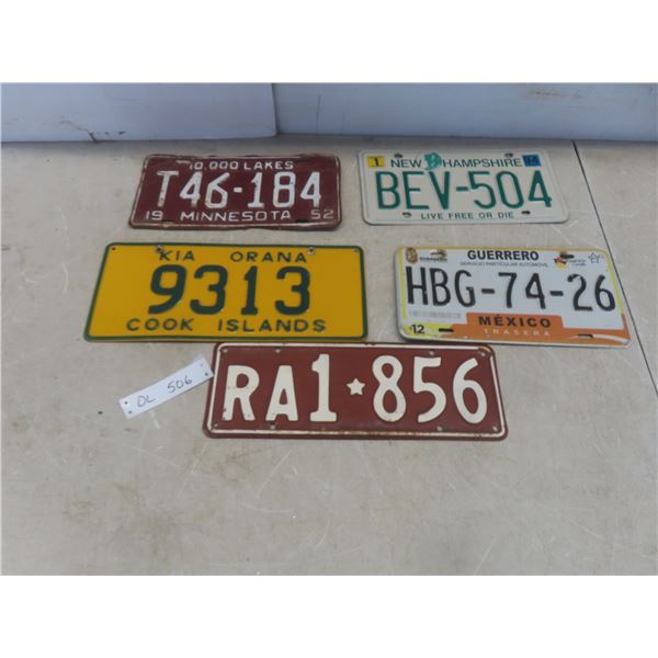 5 License Plates: Australia, Minnesota 1952, Cook Islands, New Hampshire and Mexico