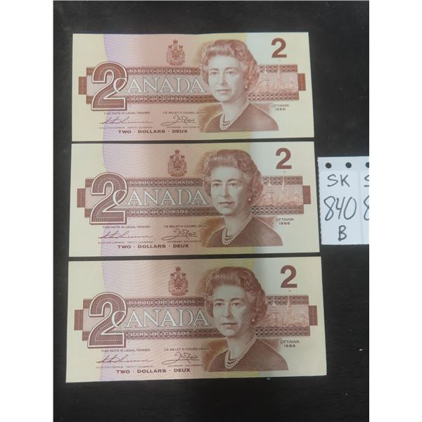 Uncirculated 1986 Canada $2 Bills – Qty 3