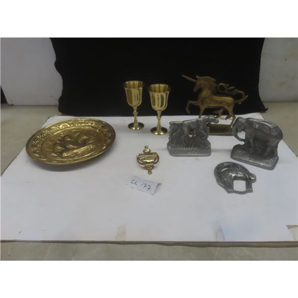 Brass Unicorn, Brass Goblets, Pewter Dog and Elephant Bookends, and Brass Door Knocker