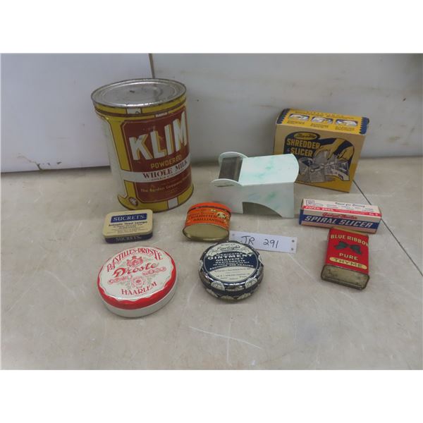 6 Antique Tins and Antique Slicer/Shredder in Original Box